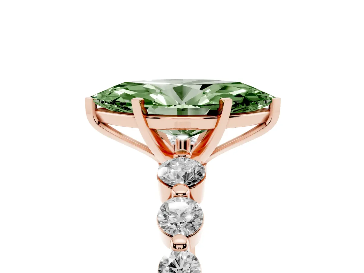 Fancy Green Marquise Cut Solitaire Diamond Ring with Pave Band and Four-Prong Setting Rose gold