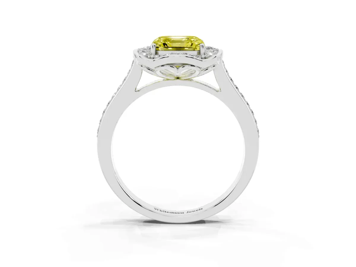 Fancy Yellow Asscher Cut Halo Round Diamond Pave Band with Four-Prong Setting Silver