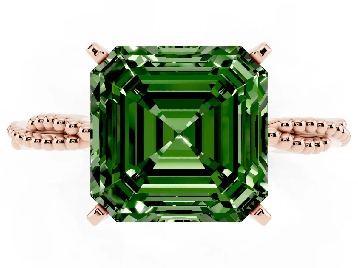 Fancy Green Asscher Cut Solitaire Twisted Band with Bead Prong Setting Rose gold
