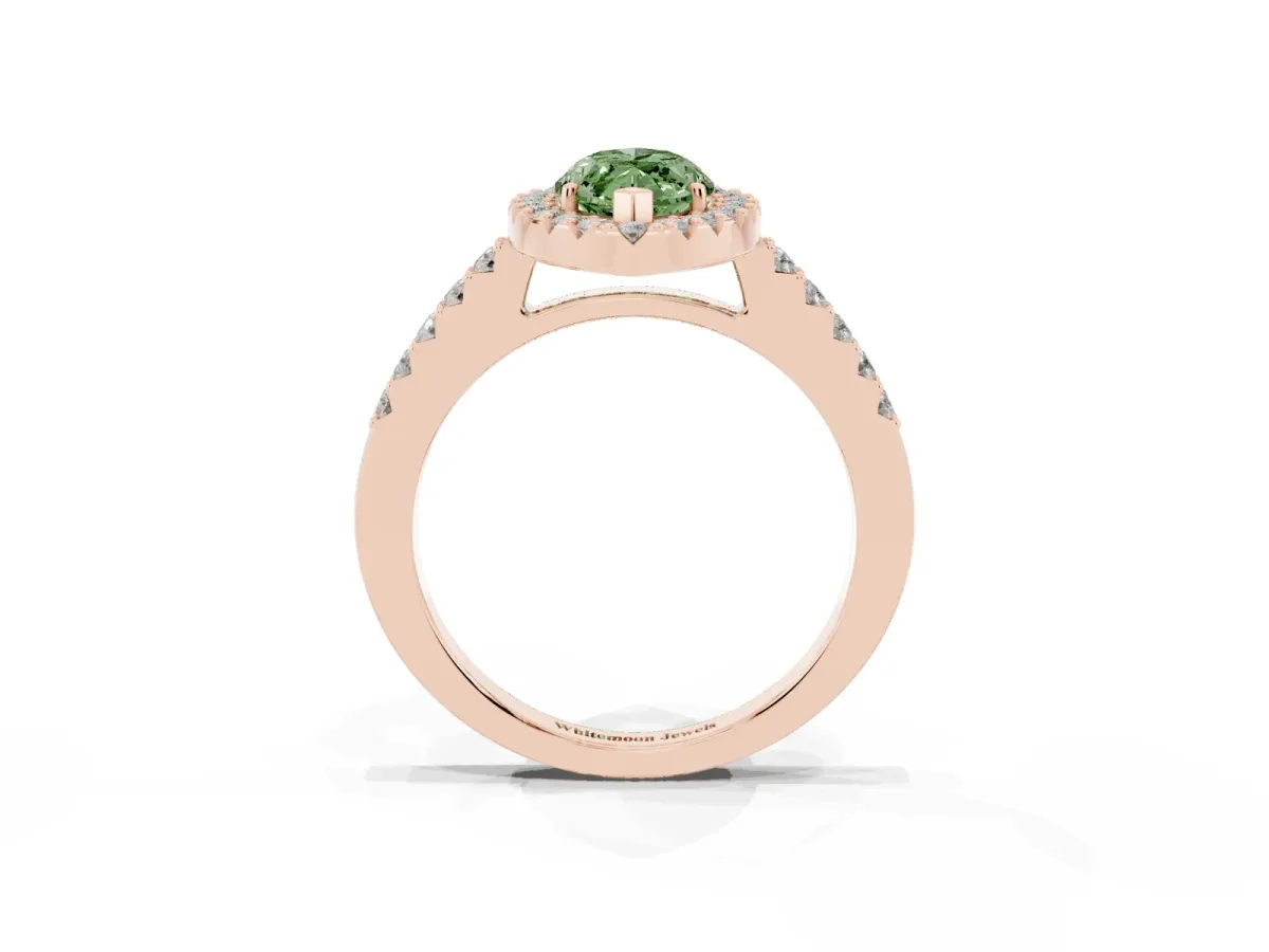 Fancy Green Marquise Cut Halo Diamond Pavé Solitaire Ring Rose gold