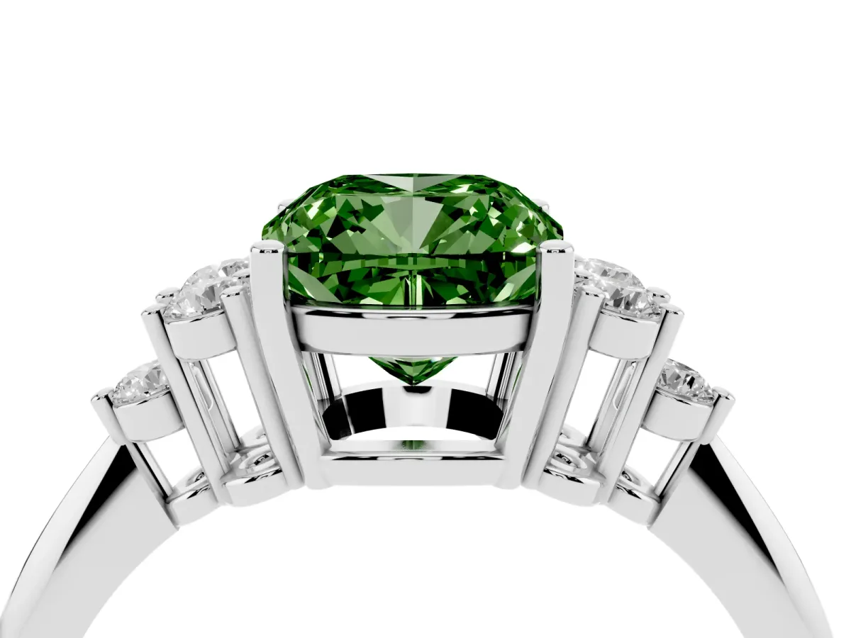 Fancy Green Cushion Cut Cut Diamond Cluster Ring with Solitaire Band and Four-Prong Setting Silver