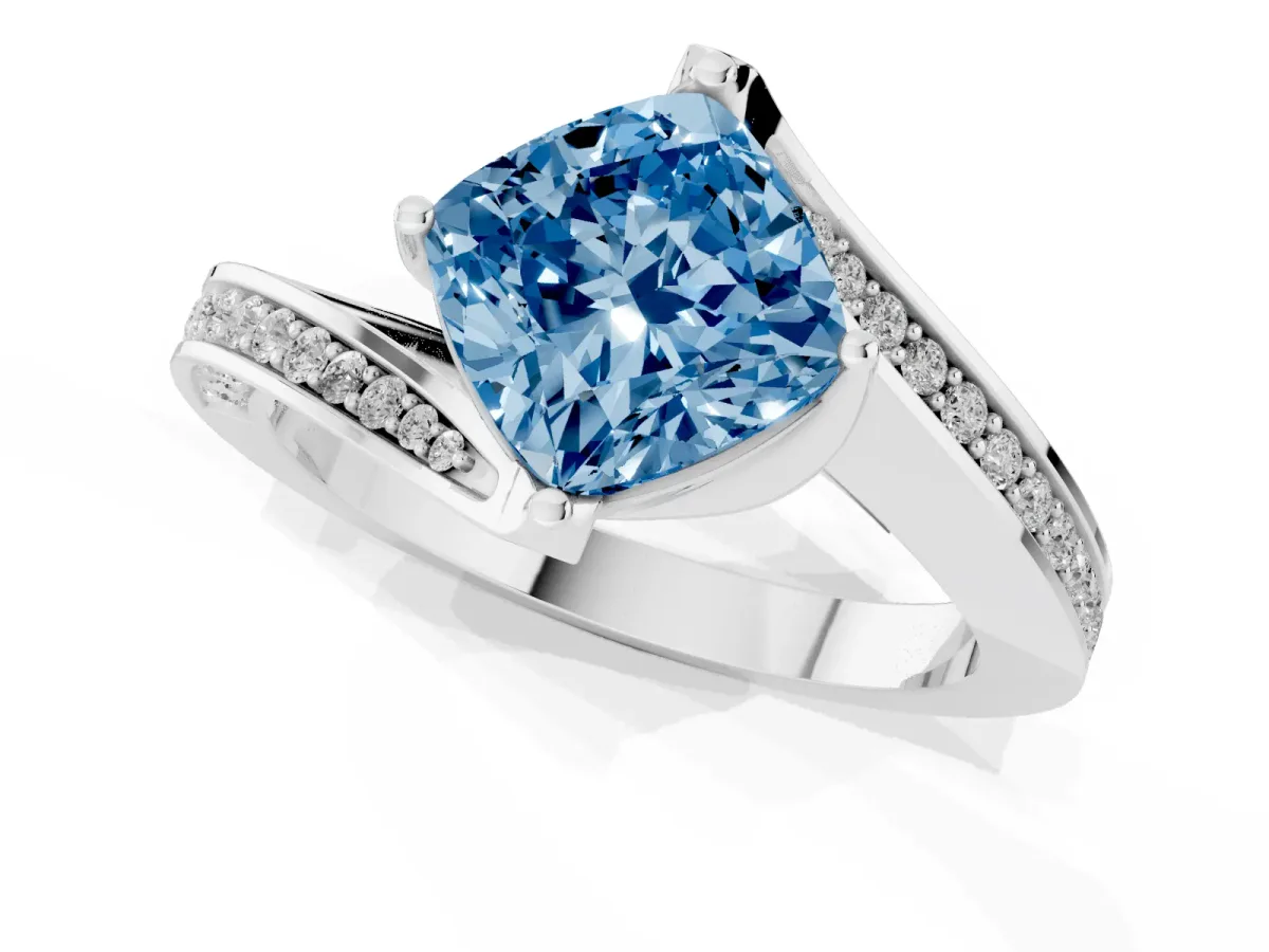 Fancy Blue Cushion Cut Solitaire Diamond Twist Band with Pavé Setting and Four-Prong Setting White gold