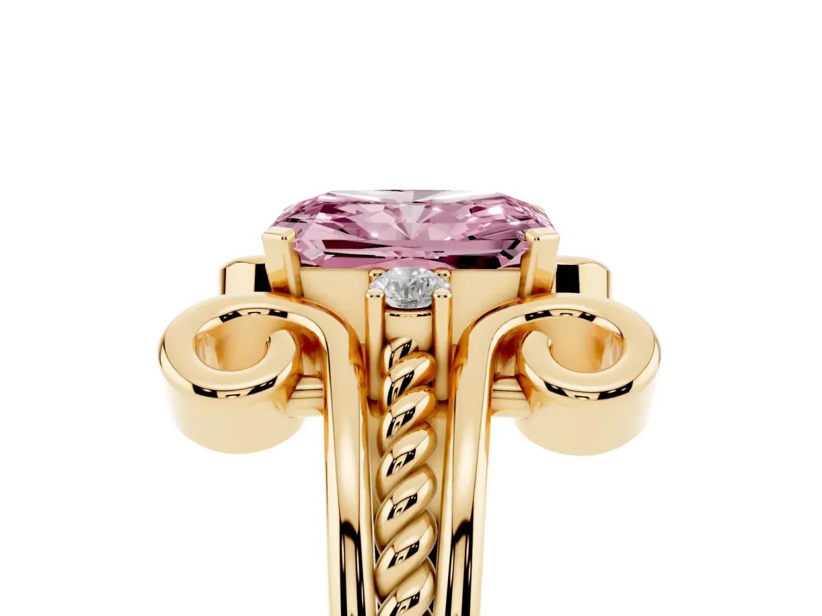Fancy Pink Radiant Cut Solitaire Twisted Band Scroll Prong Ring Yellow gold