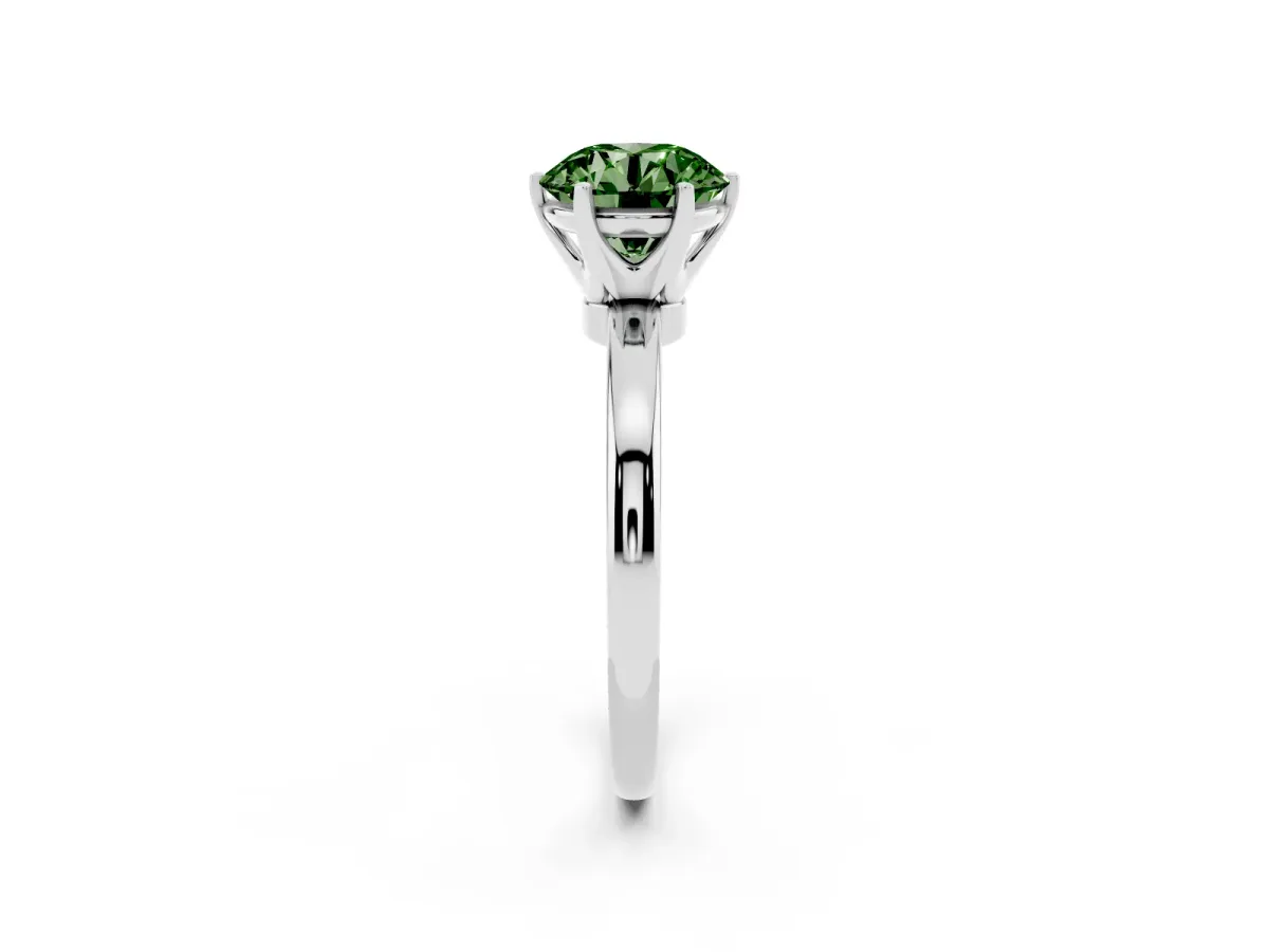 Fancy Green Round Cut Solitaire Diamond Ring with Six-Prong Setting on a Classic Band Silver