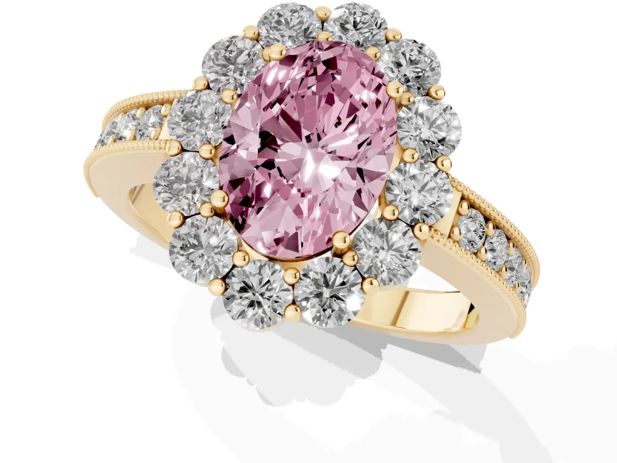 Fancy Pink Oval Cut Cut Halo Diamond Pavé Engagement Ring with Milgrain Detailing Yellow gold
