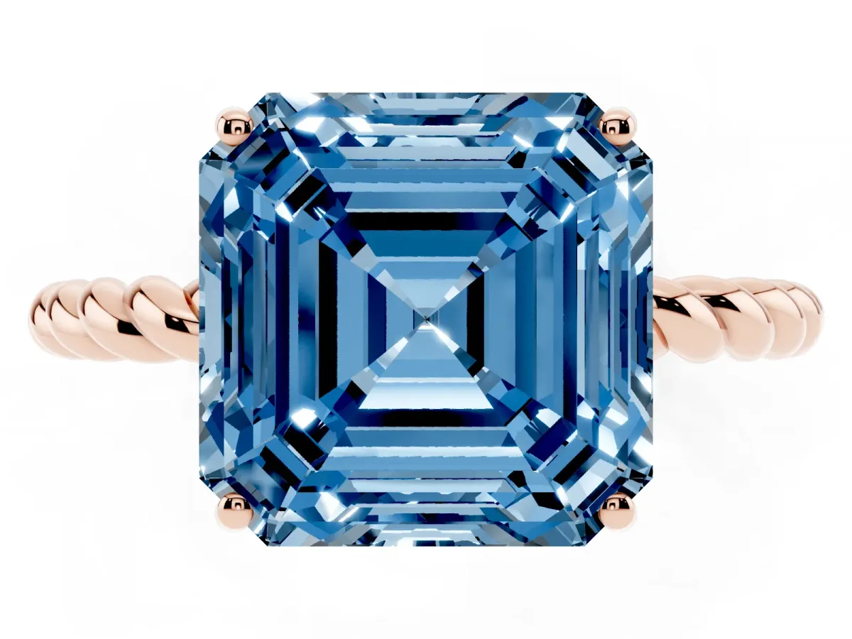 Fancy Blue Asscher Cut Solitaire Twist Band Ring with Four-Prong Setting Rose gold