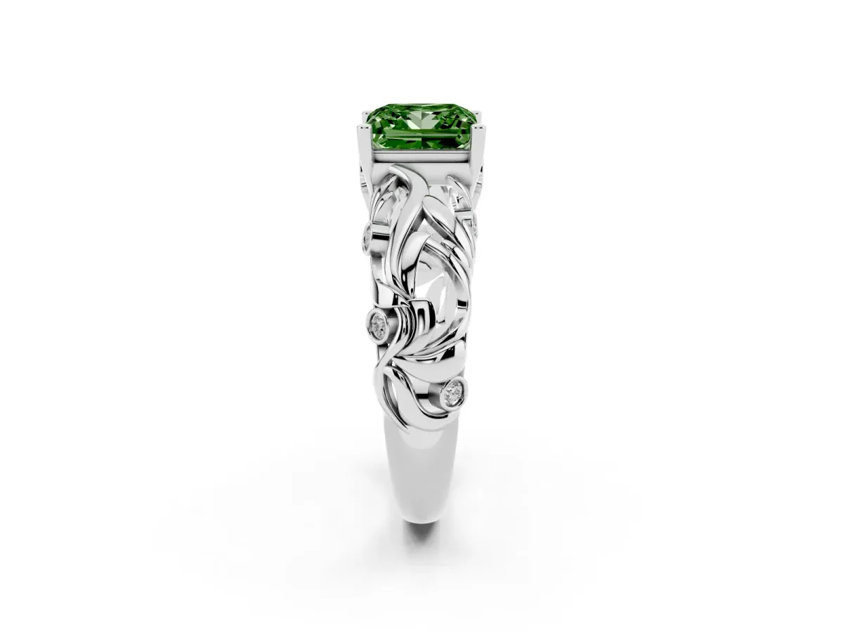Fancy Green Princess Cut Solitaire Diamond Leaf-Inspired Vine Band Ring with Prong Setting Silver