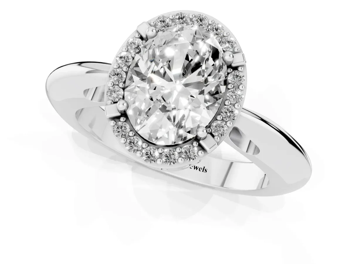 Oval Cut Cut Diamond Halo Engagement Ring with Split Shank and Four-Prong Setting Silver