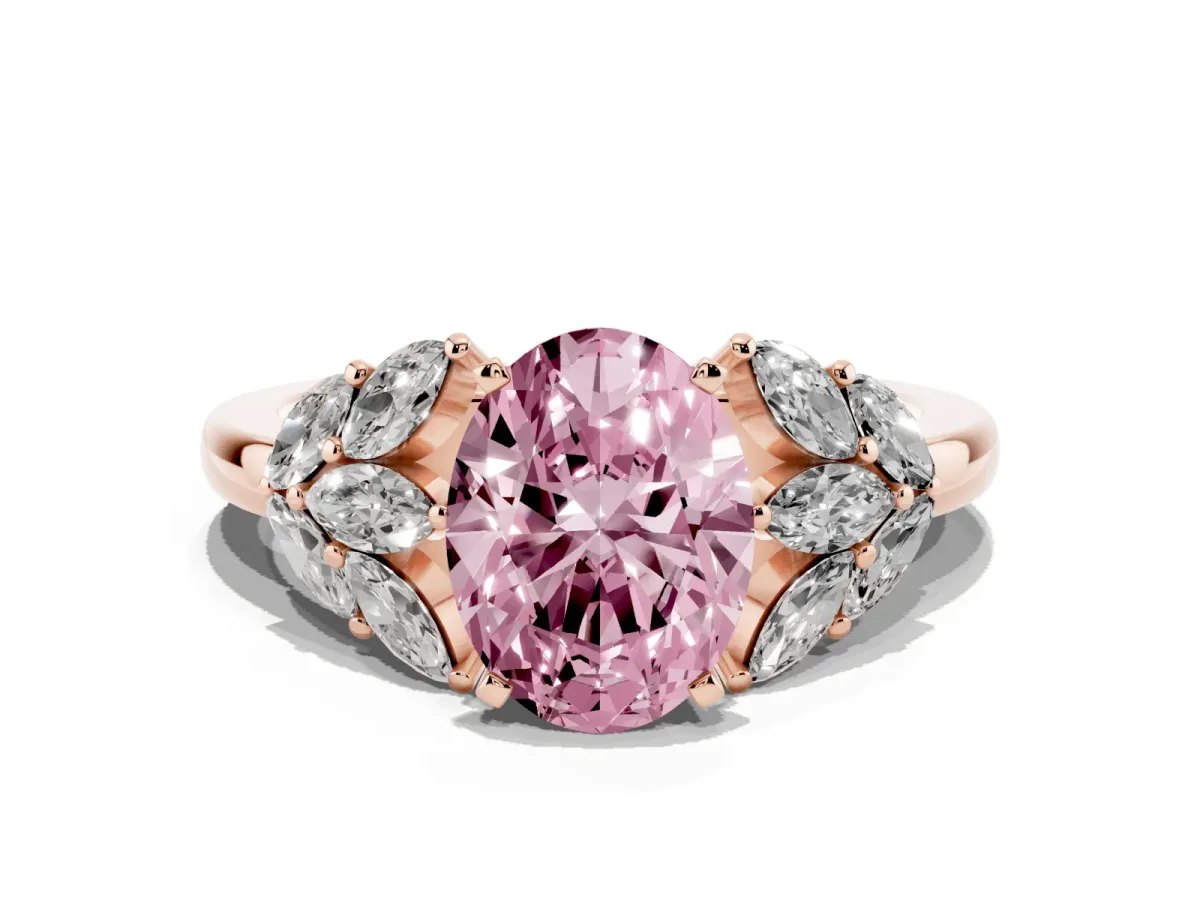 Fancy Pink Oval Cut Diamond Cluster Leaf Design Ring with Prong Setting Rose gold