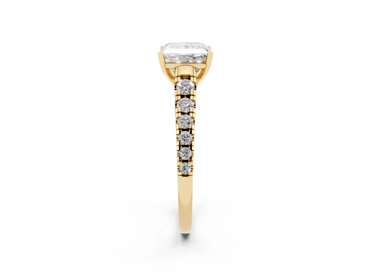 Princess Cut Diamond Cathedral Solitaire Ring with Round Pavé Band Yellow gold