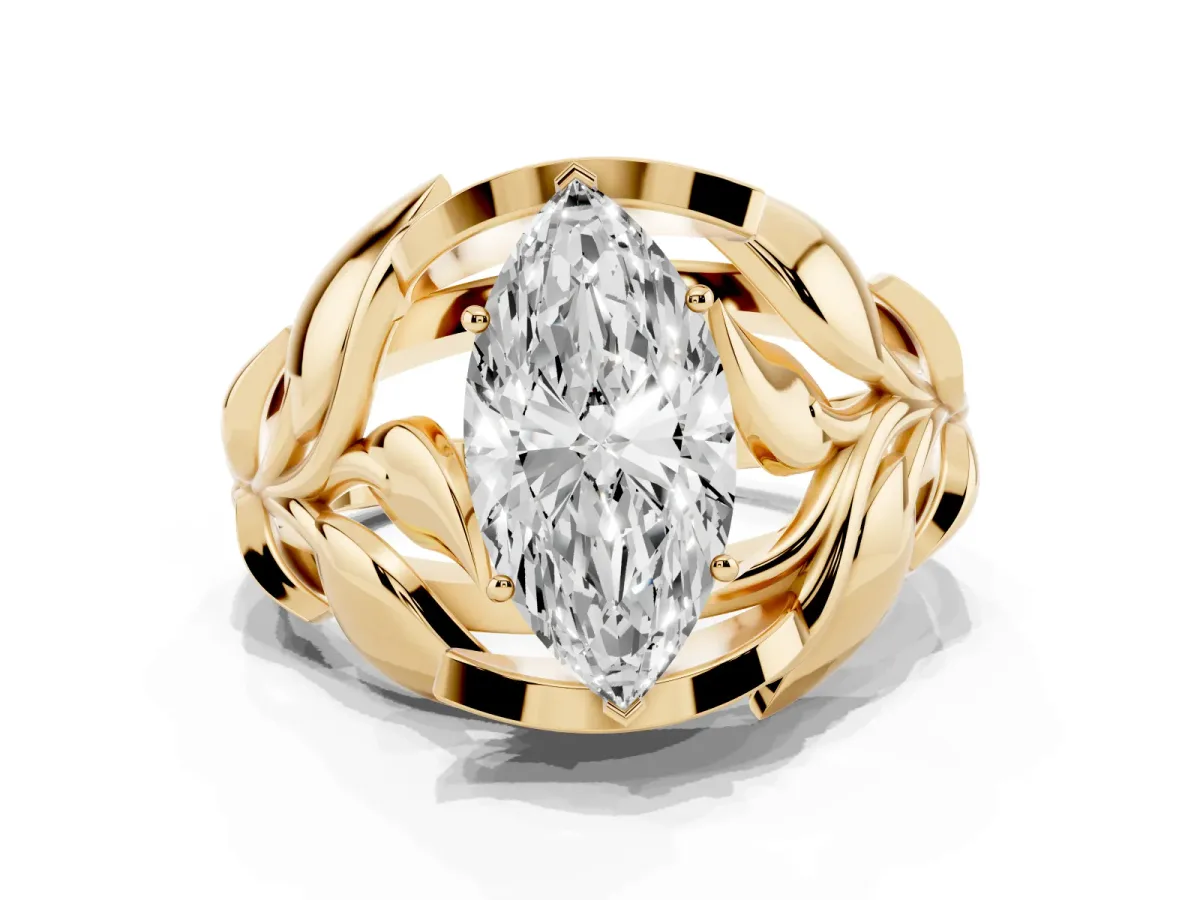 Marquise Cut Diamond Leaf-Inspired Engagement Ring with Round Accents and Prong Setting Yellow gold