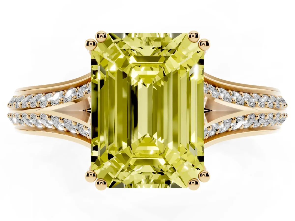 Fancy Yellow Emerald Cut Diamond Split Shank Engagement Ring with Pavé Band Yellow gold
