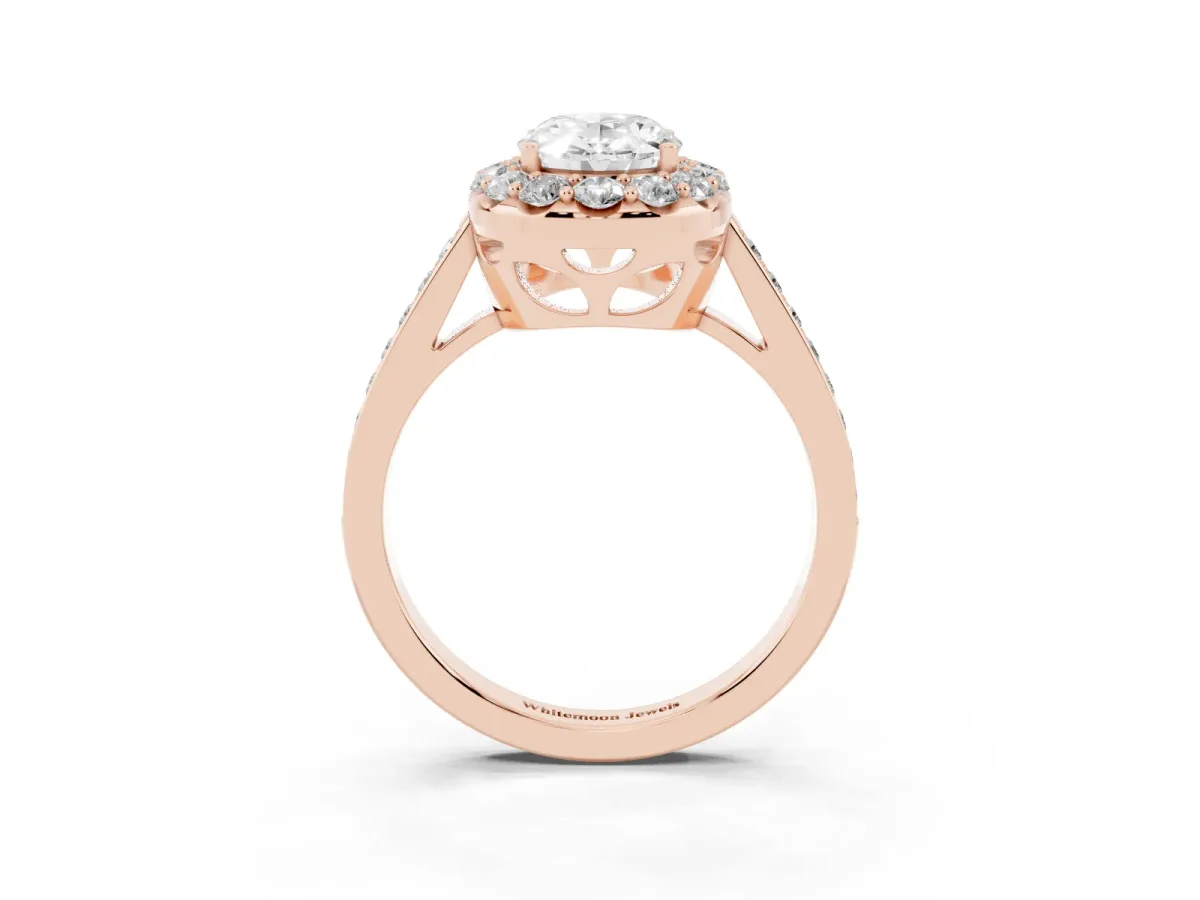 Oval Cut Diamond Floral Halo Ring with Pavé Band and Prong Setting Rose gold