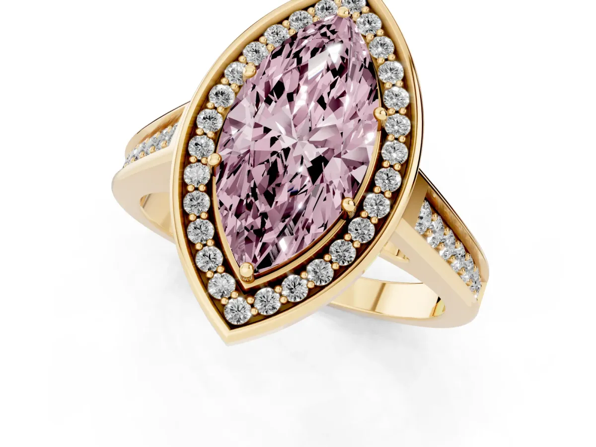 Fancy Pink Marquise Cut Halo Solitaire Diamond Ring with Pave Band and Bezel Setting Yellow gold