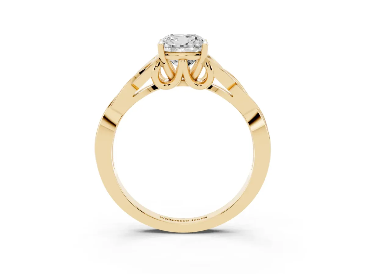 Cushion Cut Diamond Solitaire Engagement Ring with Celtic Knot Band and Four-Prong Setting Yellow gold