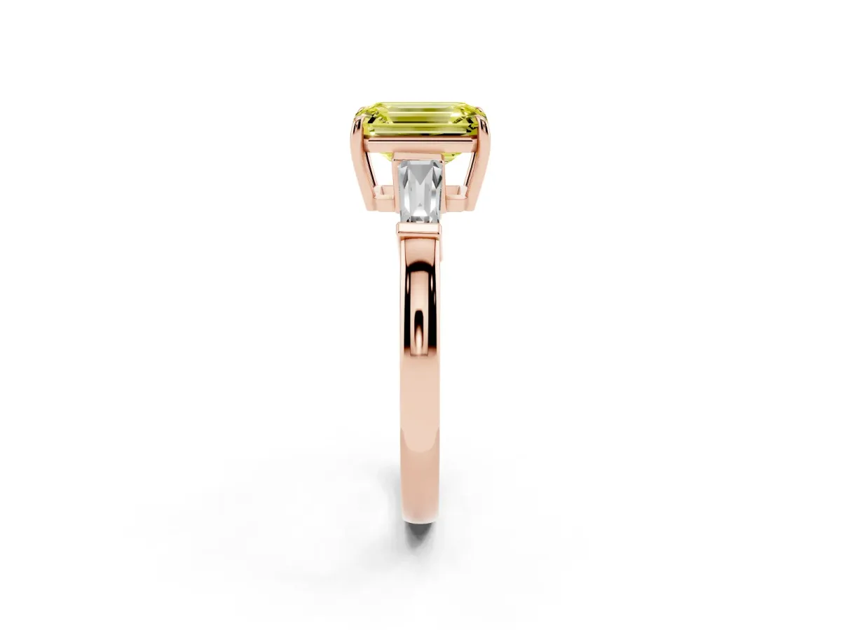 Fancy Yellow Emerald Cut Diamond Three-Stone Ring with Tapered Baguette Side Stones and Prong Setting Rose gold