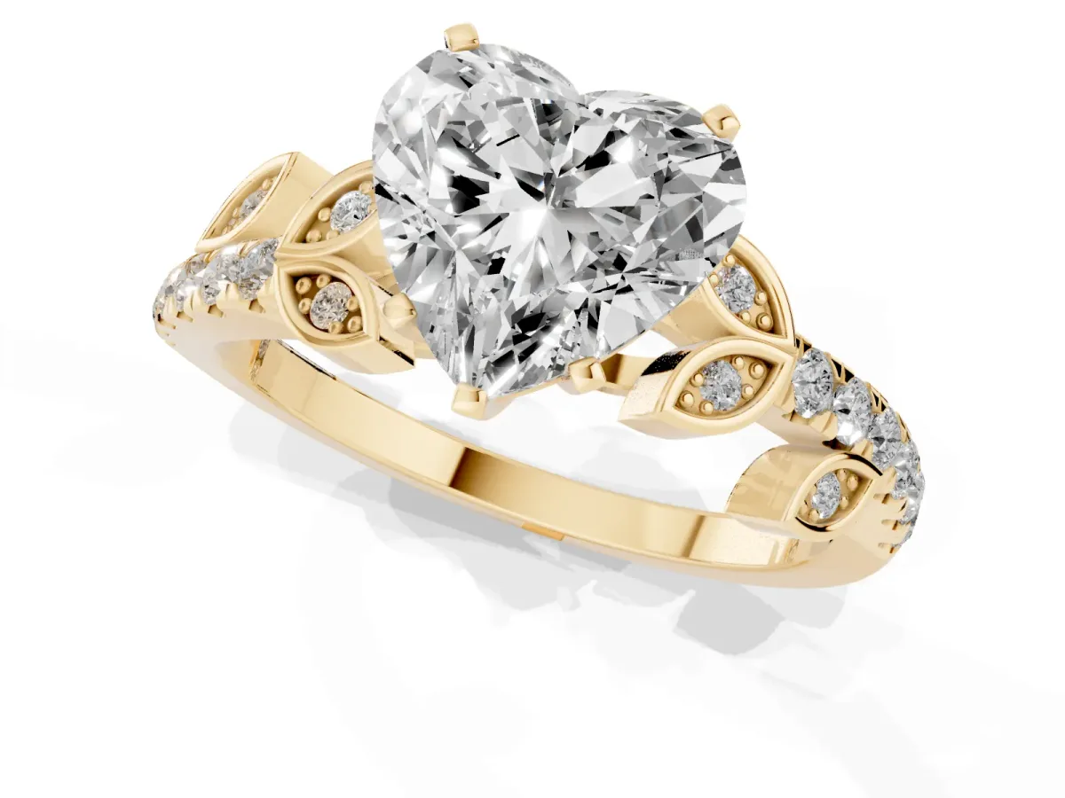 Heart Cut Solitaire Leaf-Inspired Diamond Ring with Pavé Band and Four-Prong Setting Yellow gold