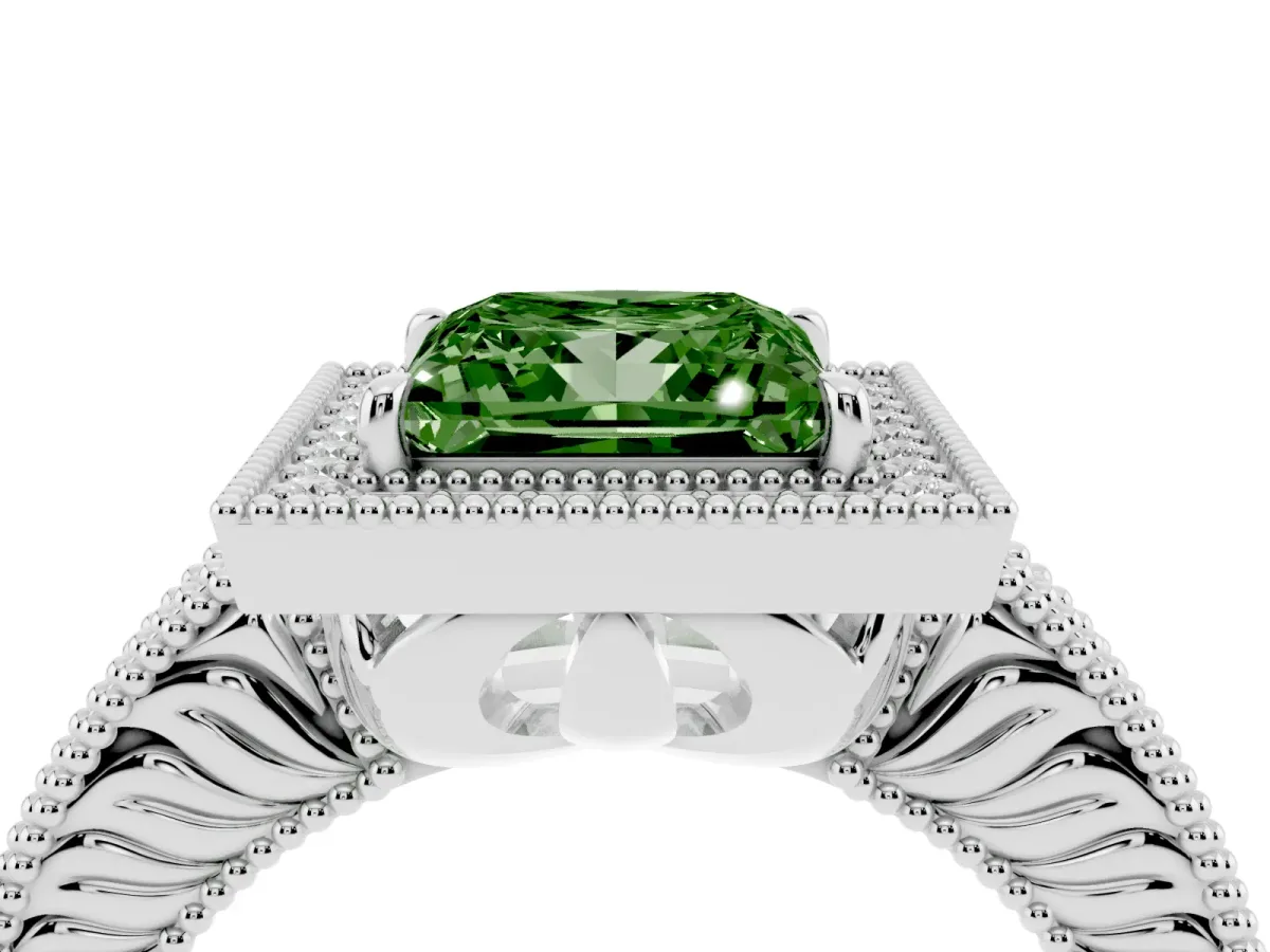 Fancy Green Princess Cut Cut Halo Diamond Ring with Pavé Band and Four-Prong Setting Silver
