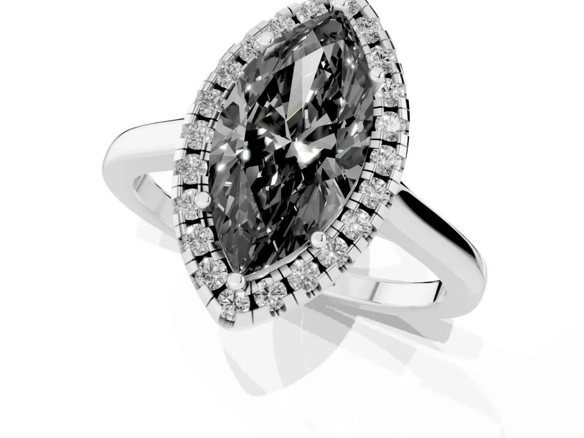 Fancy Black Marquise Cut Halo Round Diamond Solitaire Ring with Pavé Band and Four-Prong Setting Silver