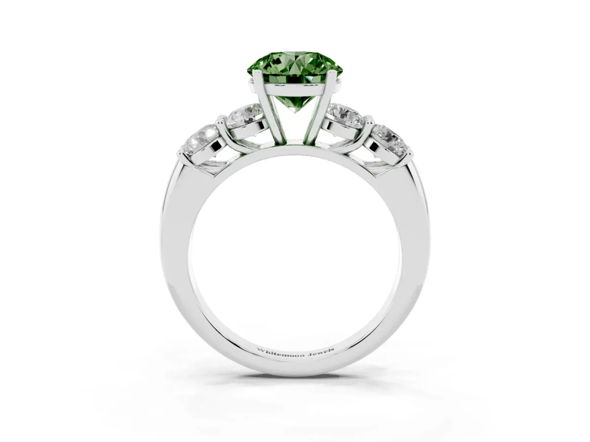 Fancy Green Round Cut Cut Five-Stone Prong Set Diamond Ring with Classic Band Platinum