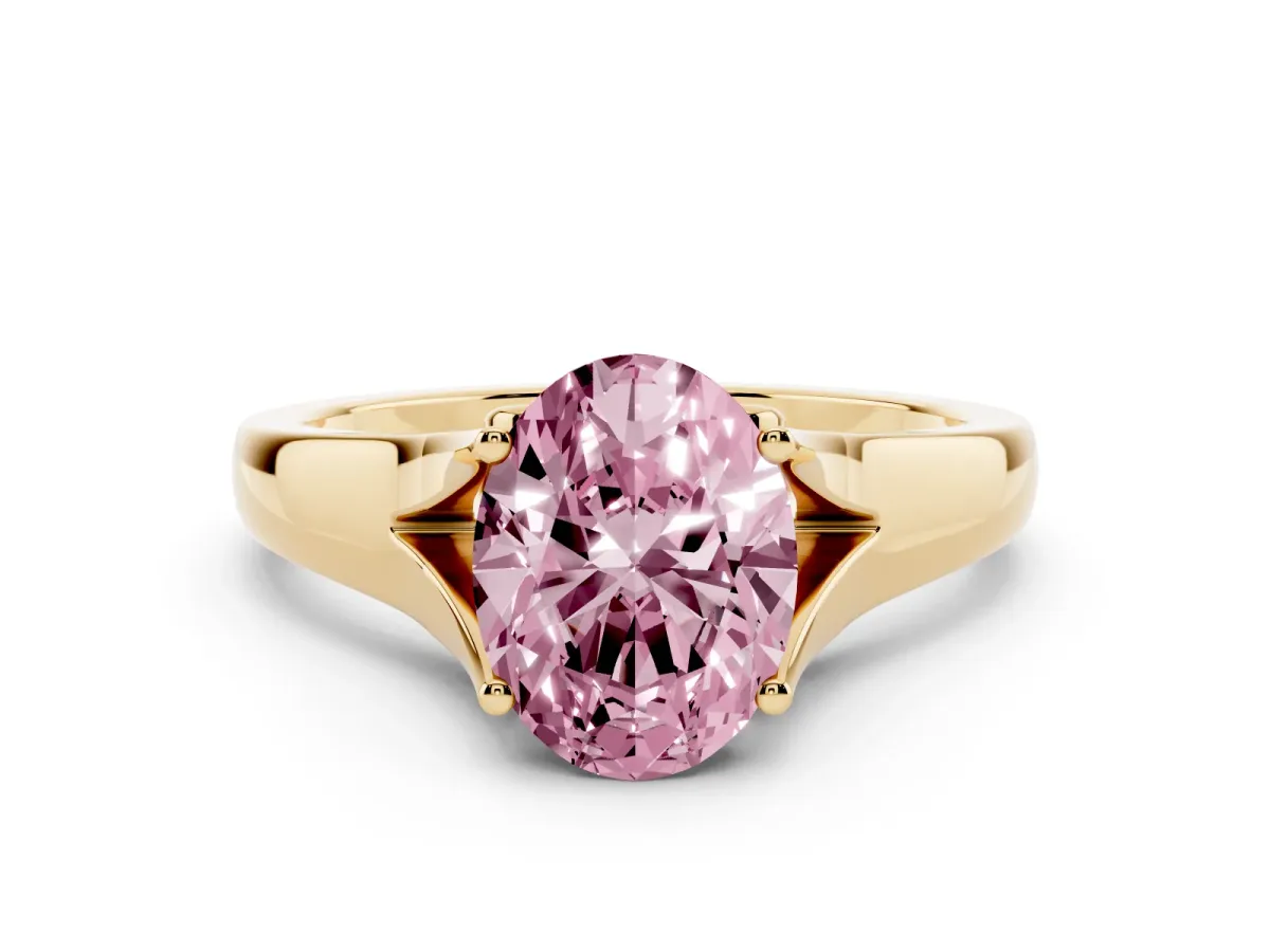 Fancy Pink Oval Cut Solitaire Diamond Ring with Cathedral Band and Four-Prong Setting Yellow gold