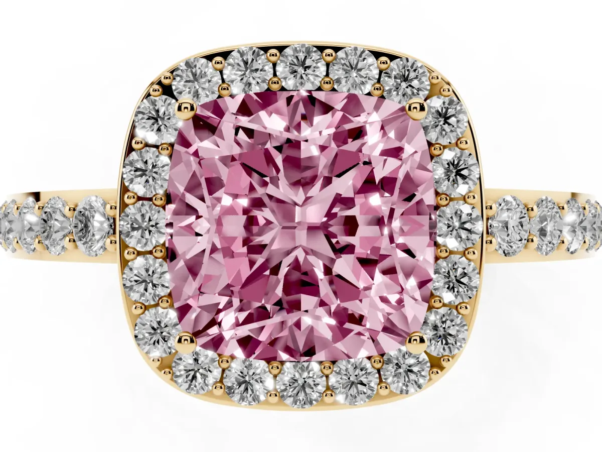 Fancy Pink Cushion Cut Halo Diamond Pavé Band Ring with Prong Setting Yellow gold