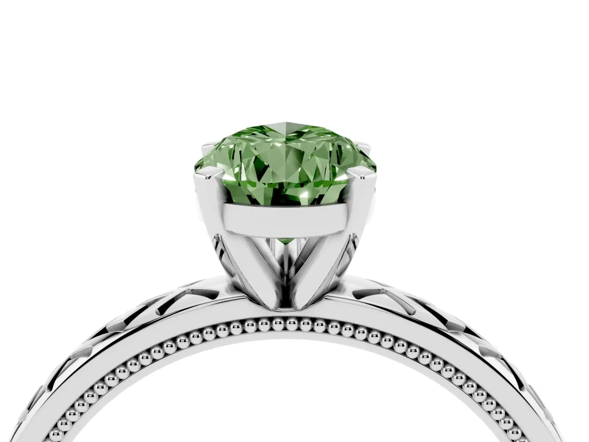Fancy Green Pear Cut Solitaire Diamond Ring with Milgrain and Black Enamel X Pattern Band Silver