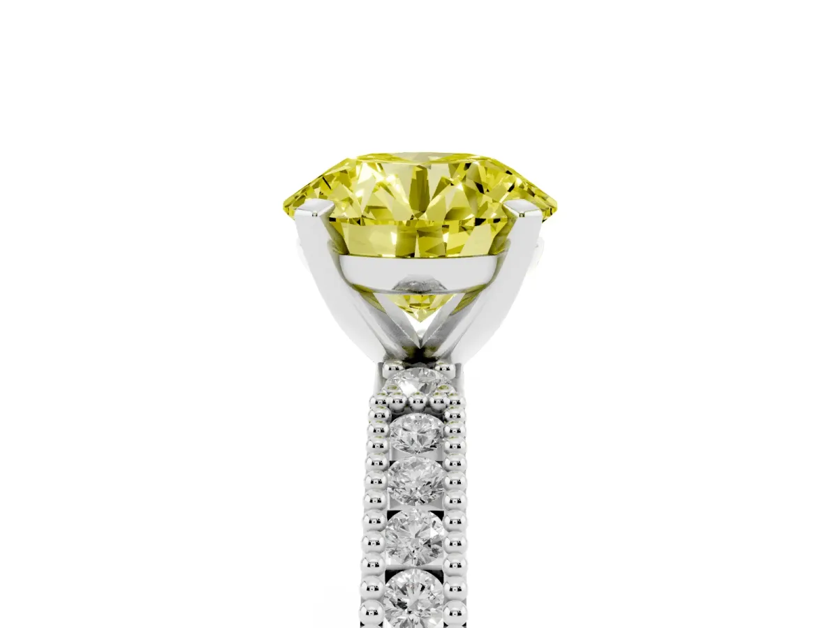 Fancy Yellow Round Cut Solitaire with Pavé Band and Four-Prong Setting Platinum