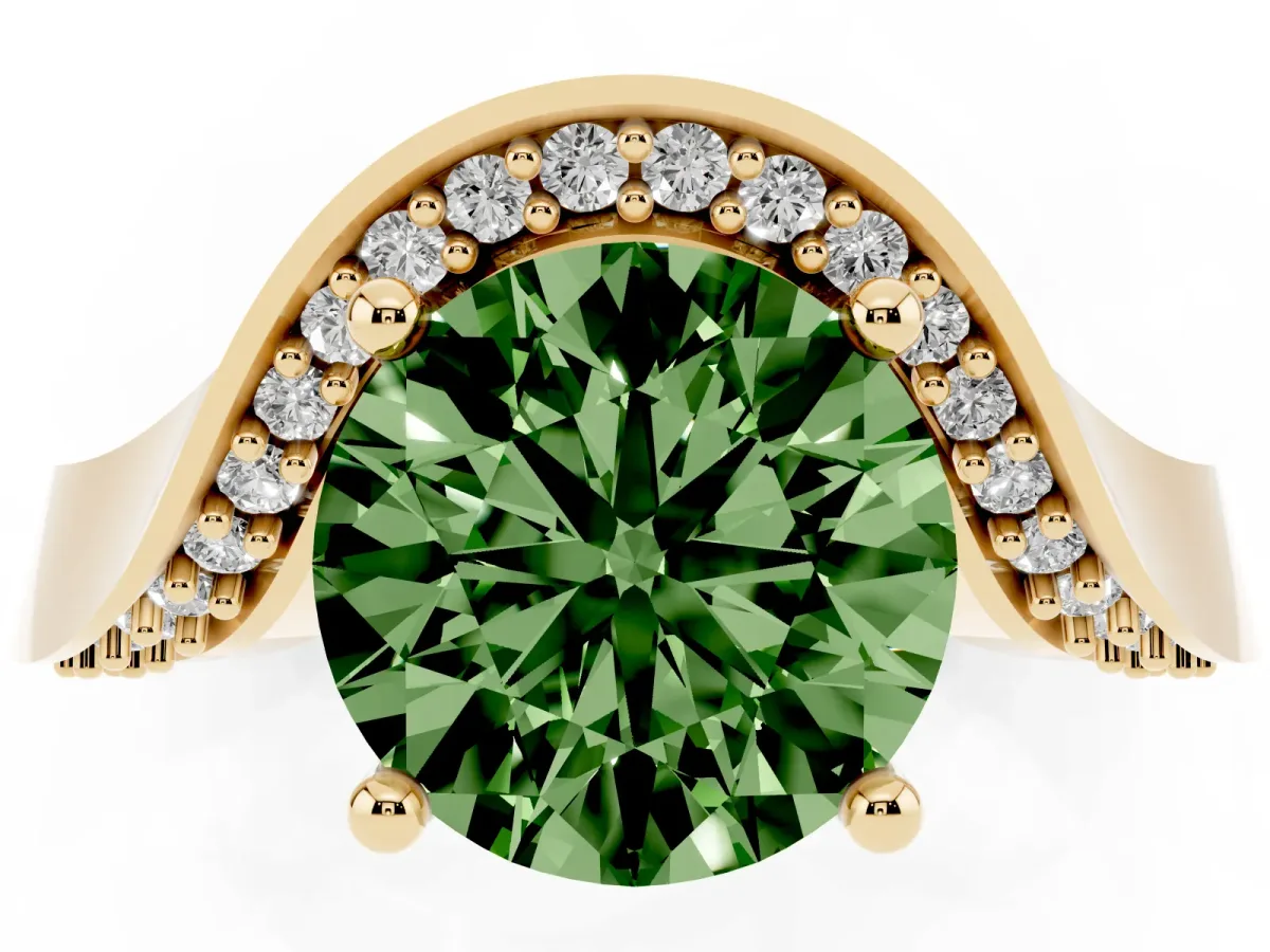Fancy Green Round Cut Solitaire Diamond Engagement Ring with Pave Band and Four-Prong Setting Yellow gold
