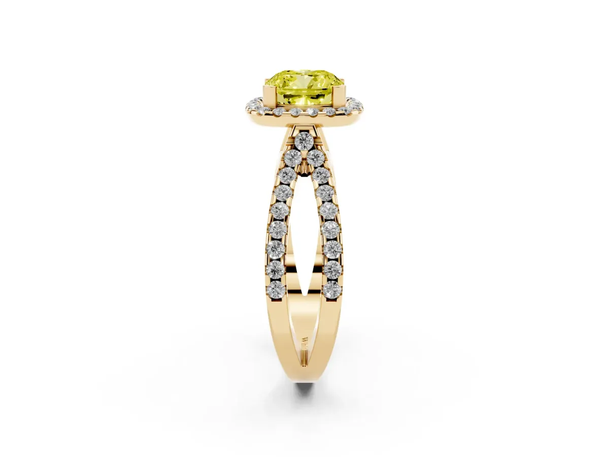 Fancy Yellow Cushion Cut Diamond Halo Ring with Split Shank Pavé Band and Prong Setting Yellow gold