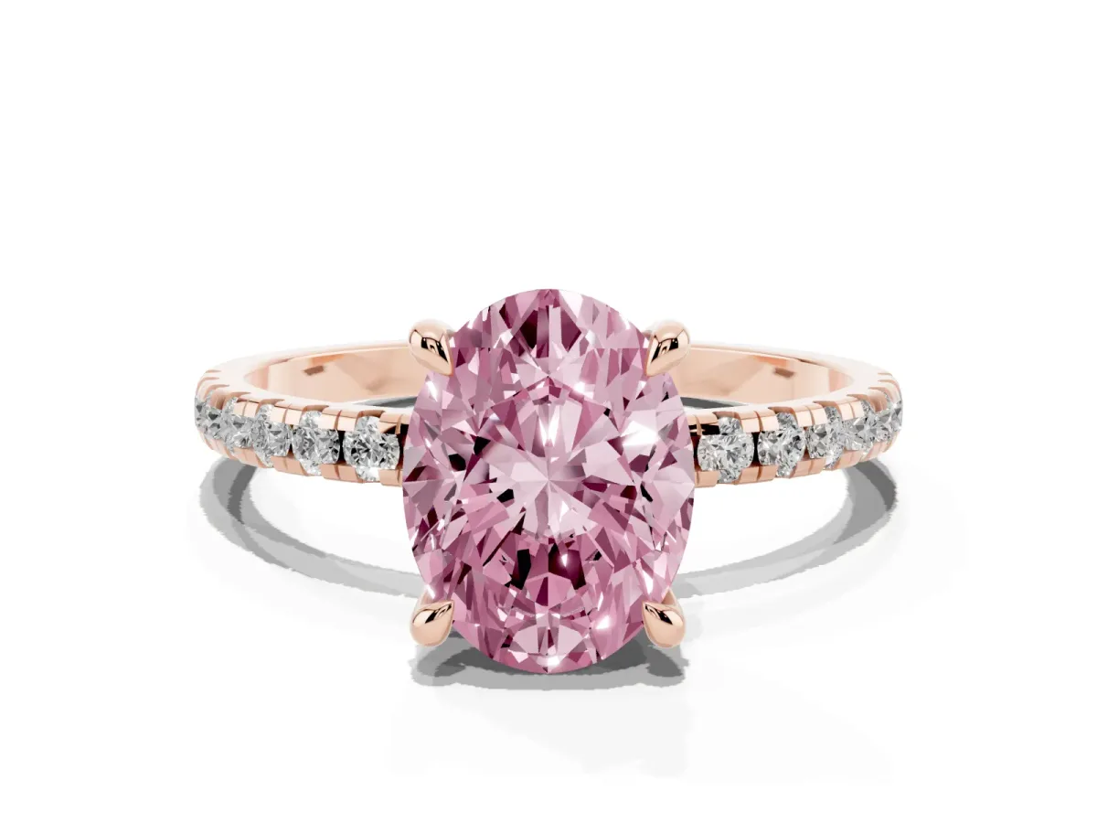 Fancy Pink Oval Cut Diamond Brilliant Solitaire Ring with Pavé Band and Four-Prong Setting Rose gold