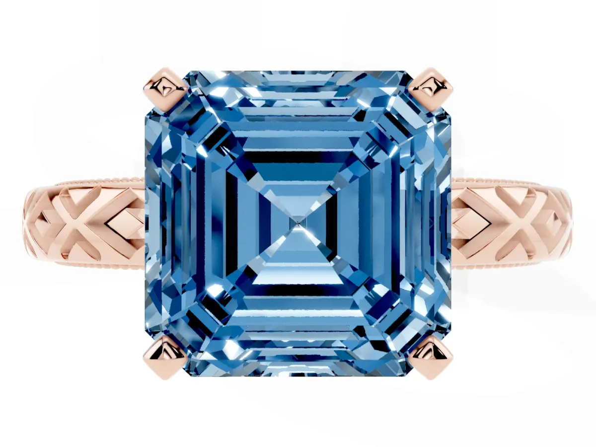 Fancy Blue Asscher Cut Solitaire Diamond Ring with Milgrain and Black Enamel X Pattern Band Rose gold