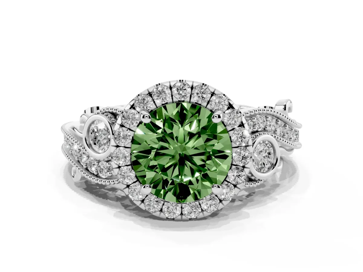 Fancy Green Round Cut Halo Diamond Ring with Milgrain and Bezel Accents on a Split Shank Band White gold