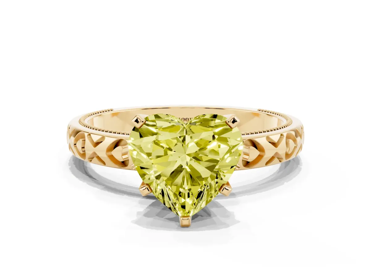 Fancy Yellow Heart Cut Solitaire Diamond Engagement Ring with XO Engraved Band and Four-Prong Setting Yellow gold