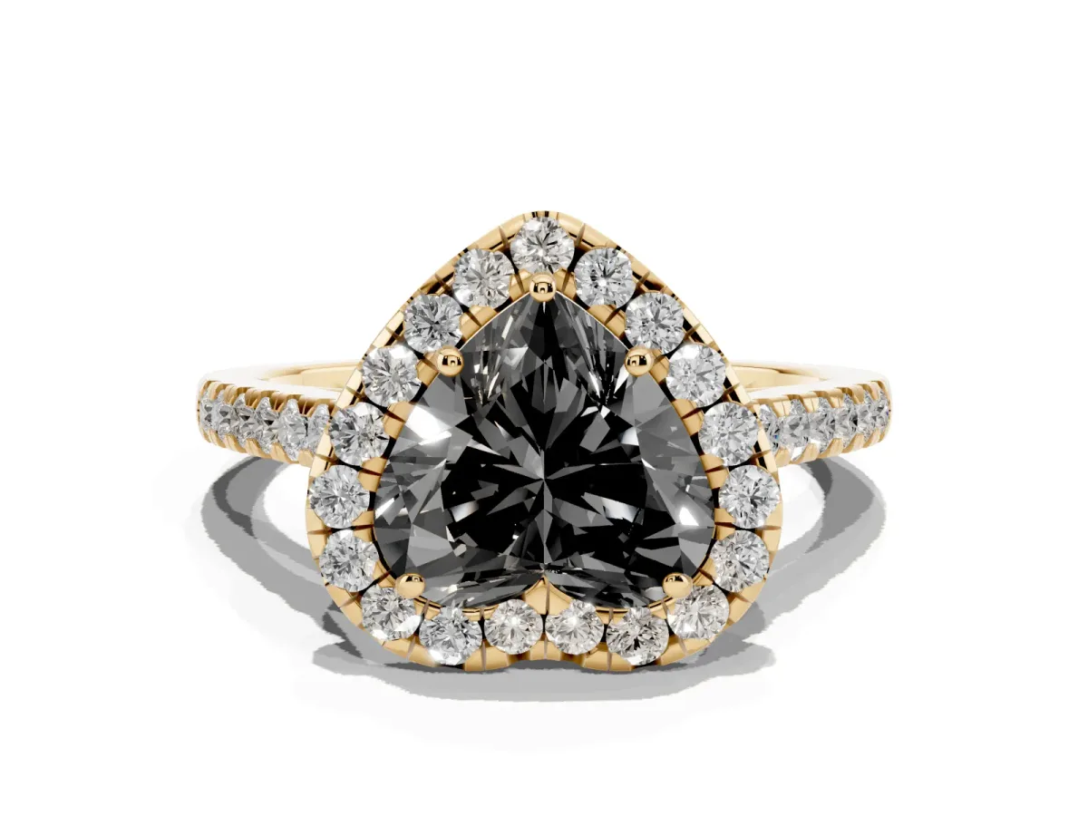 Fancy Black Heart Cut Halo Pave Diamond Engagement Ring with Four-Prong Setting Yellow gold