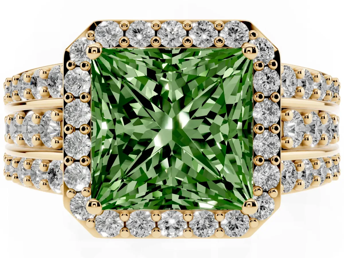 Fancy Green Princess Cut Halo Diamond Ring with Round Split Shank and Prong Setting Yellow gold