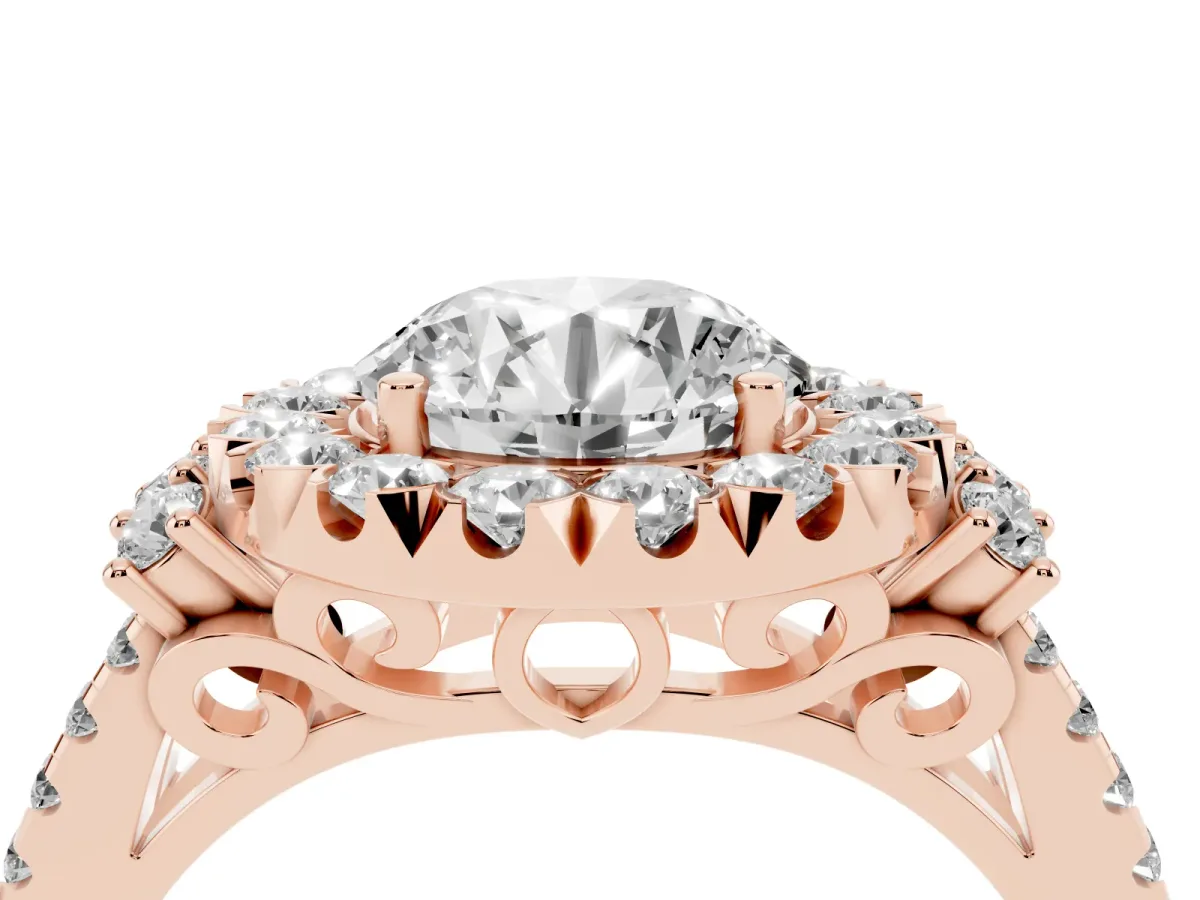 Round Cut Cut Double Halo Diamond Engagement Ring with Pave Band and Four-Prong Setting Rose gold