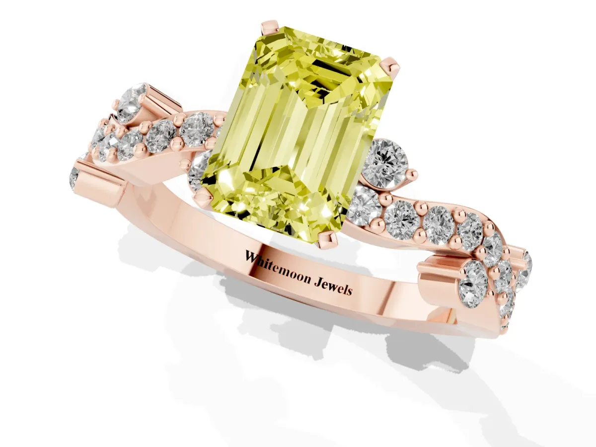 Fancy Yellow Emerald Cut Cut Solitaire Diamond Twisted Band with Pave Setting Rose gold