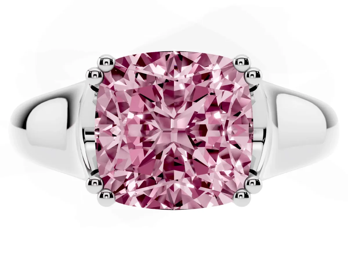 Fancy Pink Cushion Cut Diamond Solitaire Ring with Wide Band and Prong Setting Silver