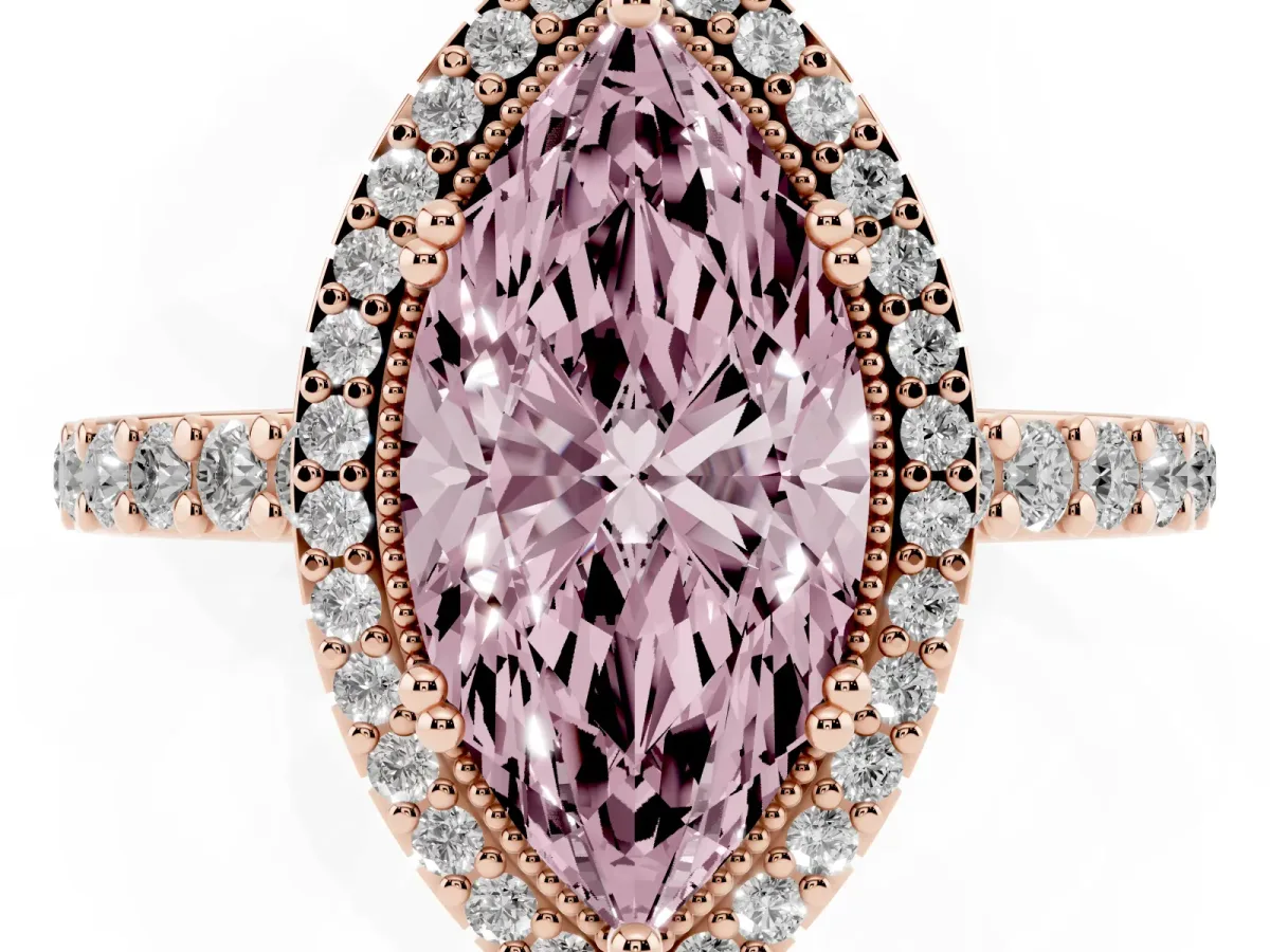 Fancy Pink Marquise Cut Cut Diamond Halo Engagement Ring with Milgrain Detail and Pavé Band Rose gold