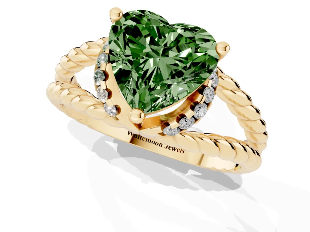 Fancy Green Heart Cut Halo Twisted Band Four-Prong Ring Yellow gold