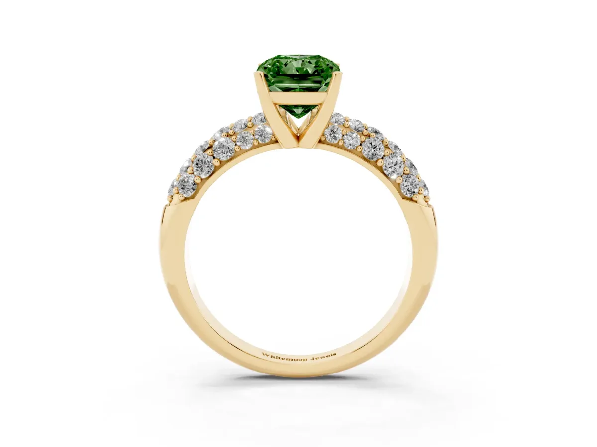 Fancy Green Radiant Cut Diamond Pavé Band Solitaire Ring with Four-Prong Setting Yellow gold