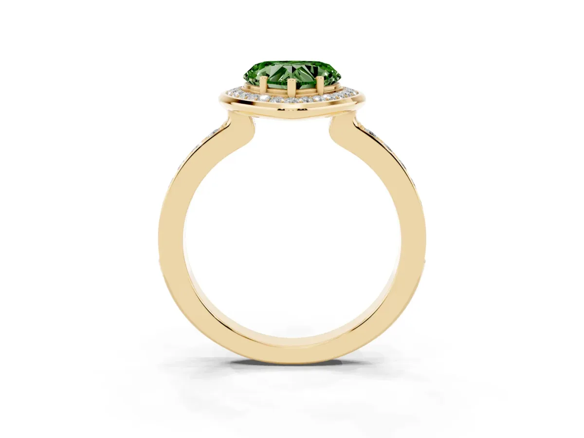 Fancy Green Heart Cut Diamond Halo Ring with Bezel Frame and Pavé Band Yellow gold