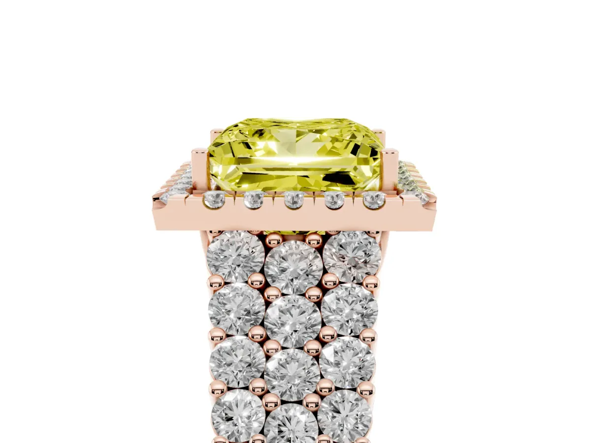 Fancy Yellow Princess Cut Diamond Halo Engagement Ring with Triple Row Round Pavé Band and Prong Setting Rose gold