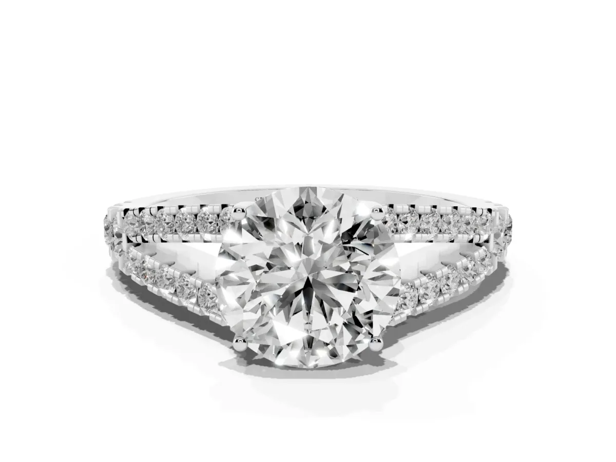 Round Cut Diamond Split Shank Pavé Engagement Ring with Four-Prong Setting Platinum