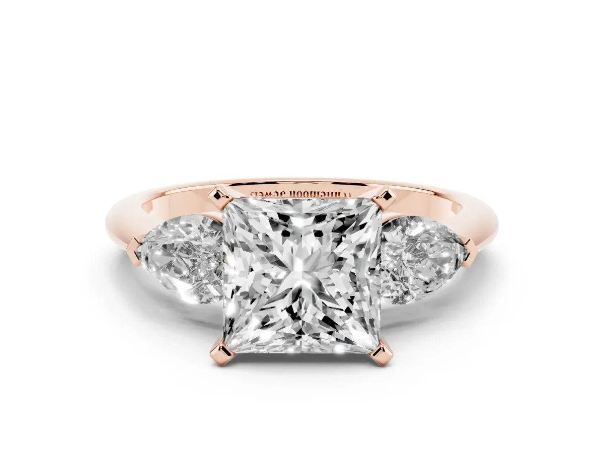 Three-Stone Princess Cut Diamond Ring with Pear Side Stones and Four-Prong Setting Rose gold