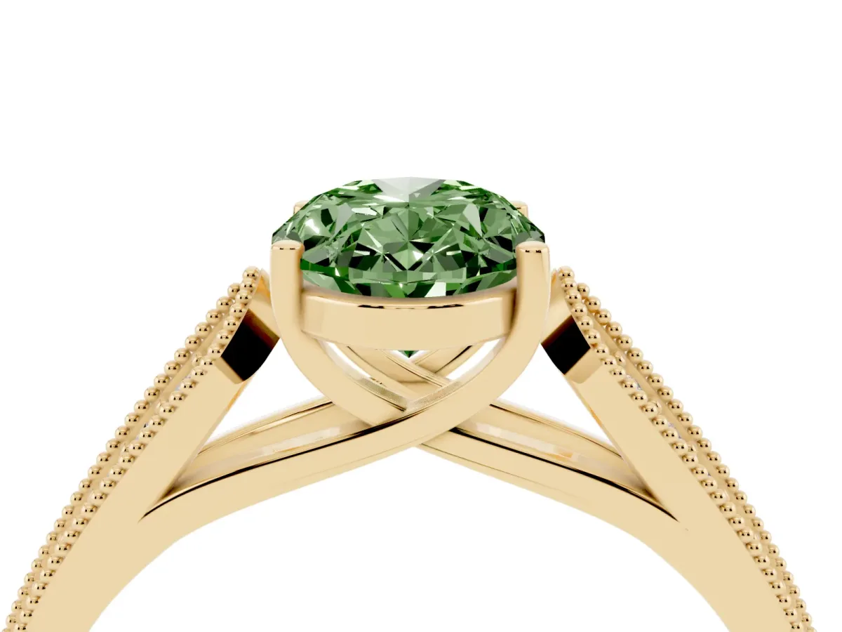 Fancy Green Oval Cut Cut Pave Split Shank Engagement Ring with Four-Prong Setting Yellow gold