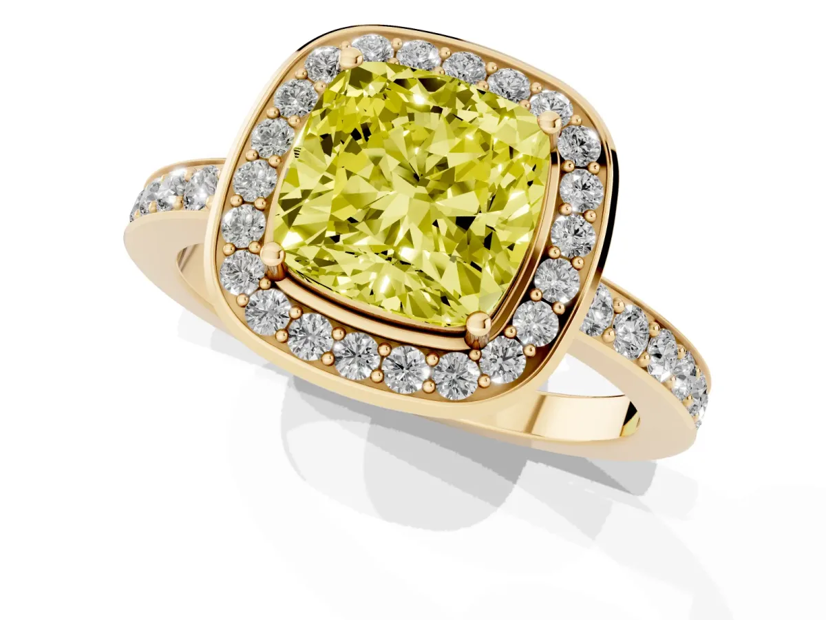 Fancy Yellow Cushion Cut Diamond Halo Ring with Bezel Frame and Pavé Band Yellow gold