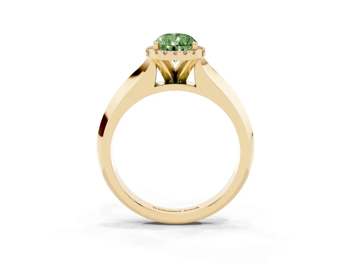 Fancy Green Pear Cut Halo Diamond Ring with Cathedral Band and Four-Prong Setting Yellow gold