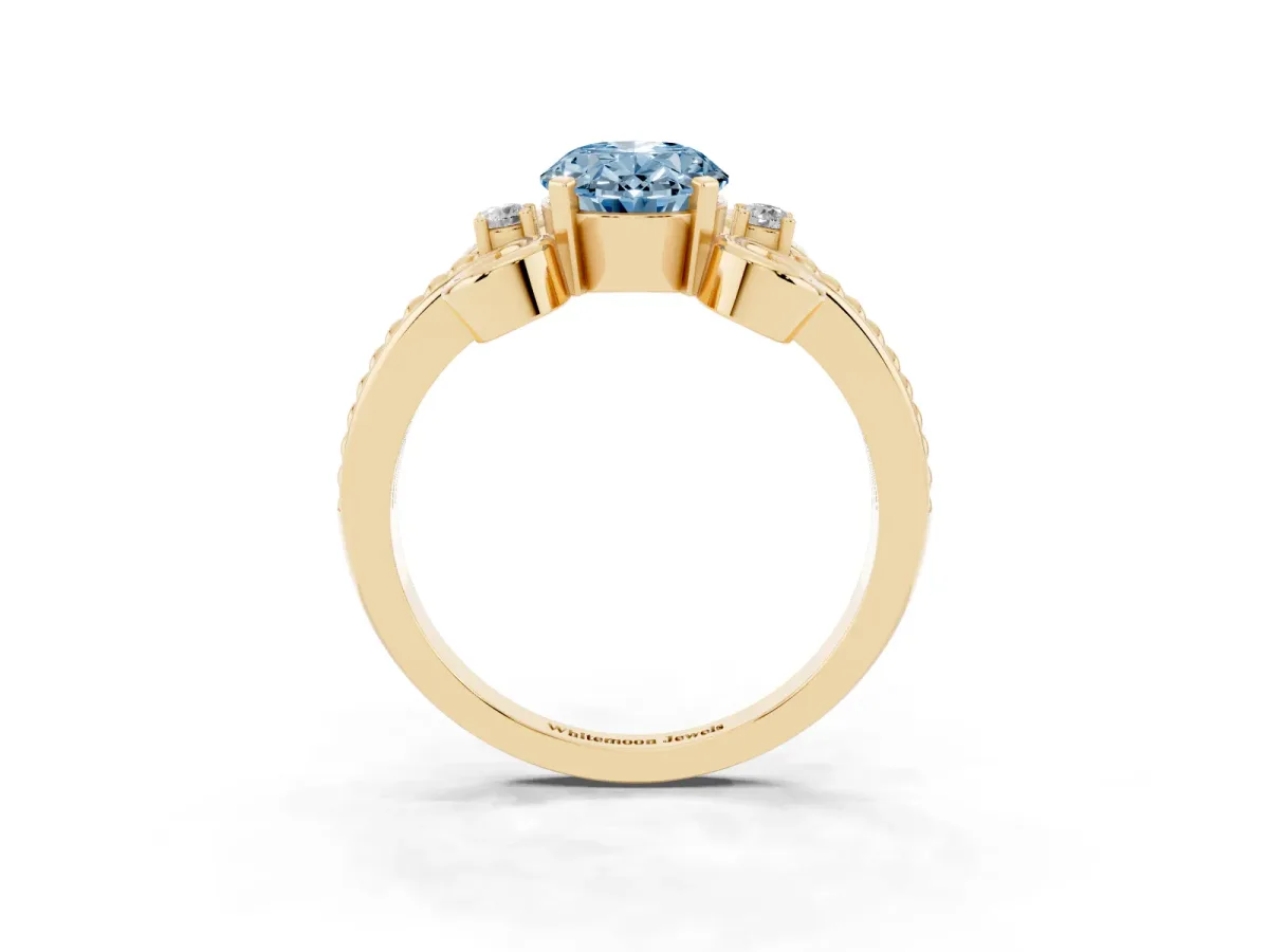 Fancy Blue Oval Cut Solitaire Twisted Band Scroll Prong Ring Yellow gold